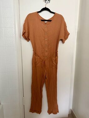 Billabong Rust Cotton Gauze Button-Front Jumpsuit with Tie Waist